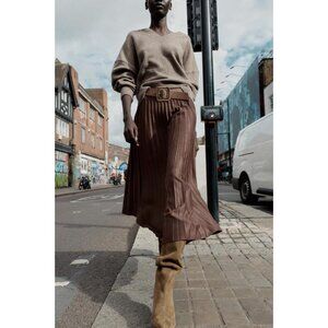 ZARA BELTED FAUX SUEDE EFFECT PLEATED MIDI SKIRT
